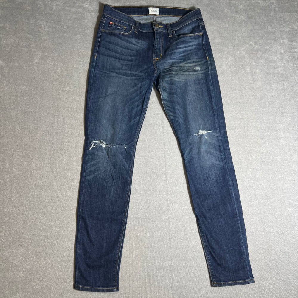 Hudson Skinny Jeans Womens 28 Dark Wash Distressed Ripped Knee Blue Denim - Picture 1 of 8